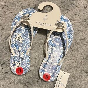 Calypso St. Barth White and Blue Paisley Starfish Flip Flops